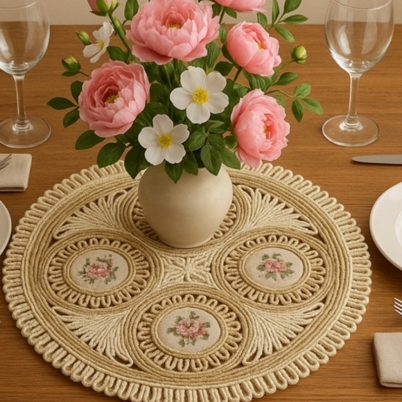 ⭐️ Host Pick ⭐️ Vintage Wicker Trivet Table Topper with needlepoint accent - Picture 8 of 10